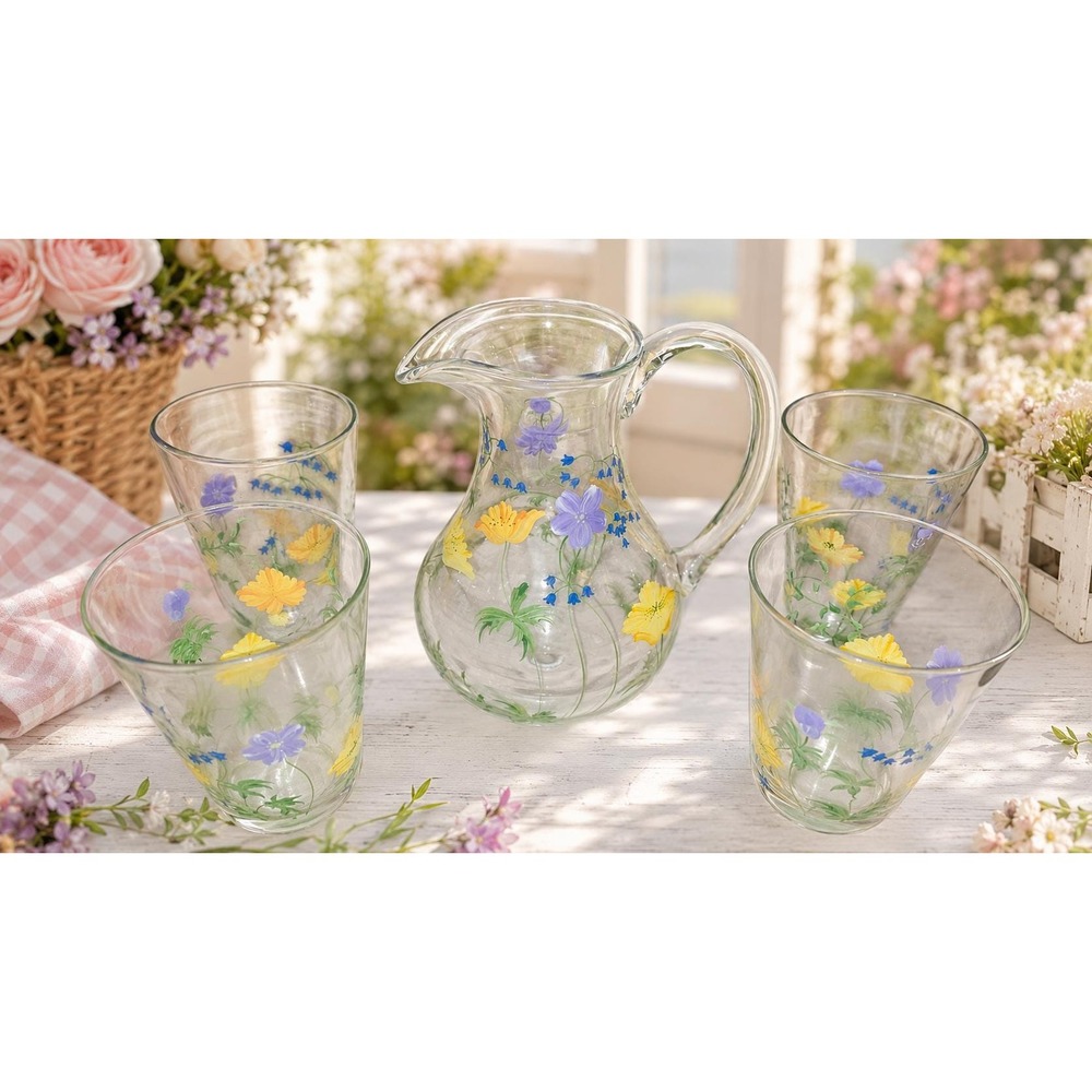 Vintage Oneida Hand-Painted Wildflower Glass Pitcher & Goblet Set, 5-Piece